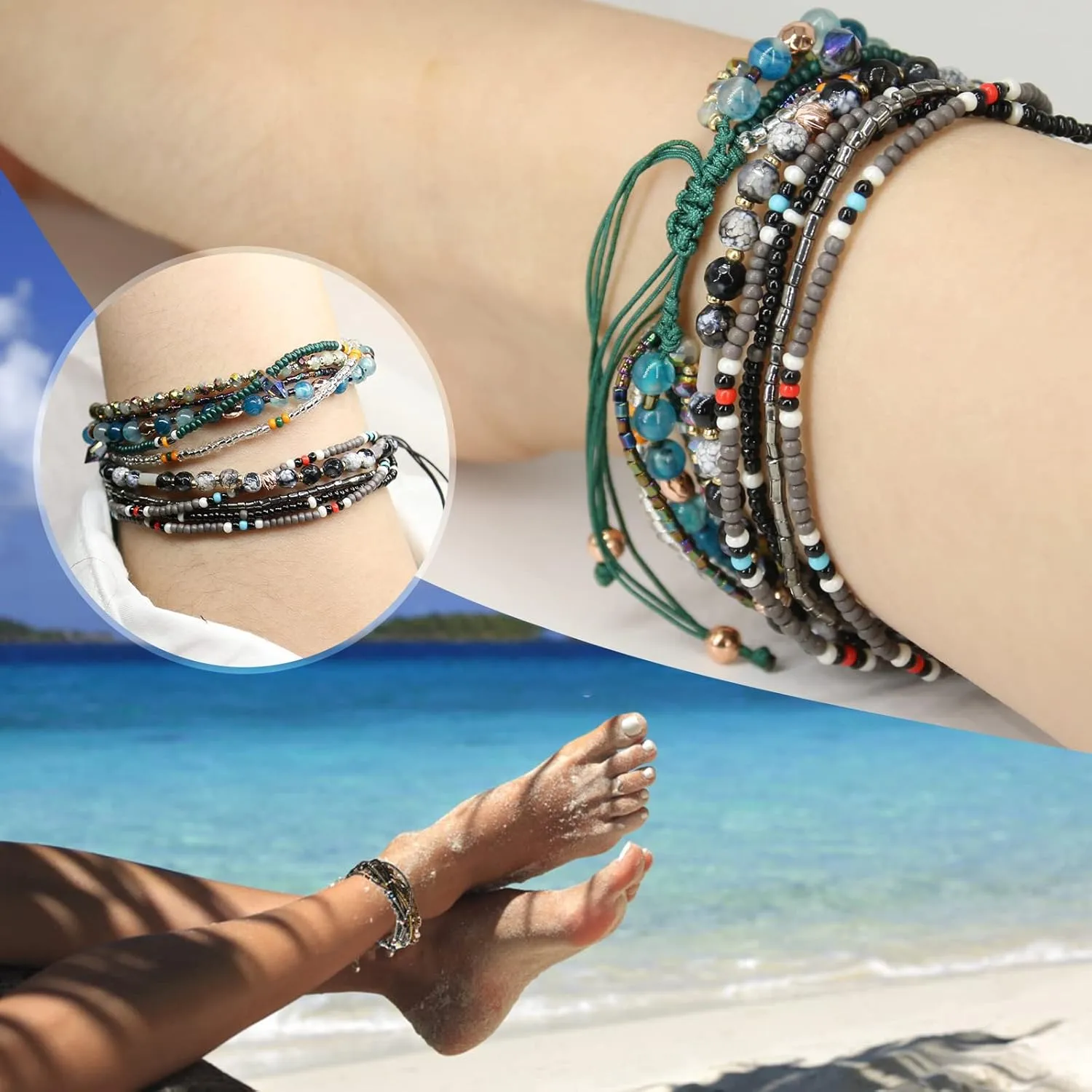 Boho Bracelets Anklets for Women Beaded - Adjustable Bohemian Anklets for Woman Handmade Beaded,2Pcs Braided Beach Bracelet Anklets