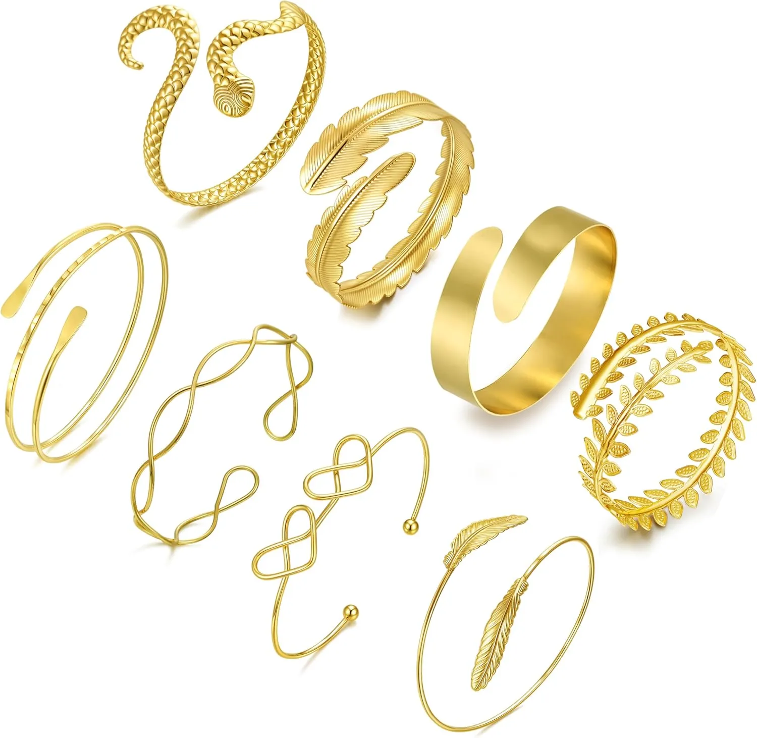 BOMAIL 8Pcs Arm Cuff Bracelets for Women Gold Upper Arm Cuff Band Set Adjustable Coil Swirl Armlet Armband Bangle Minimalist Upper Arm Cuff Bracelets Jewelry for Women