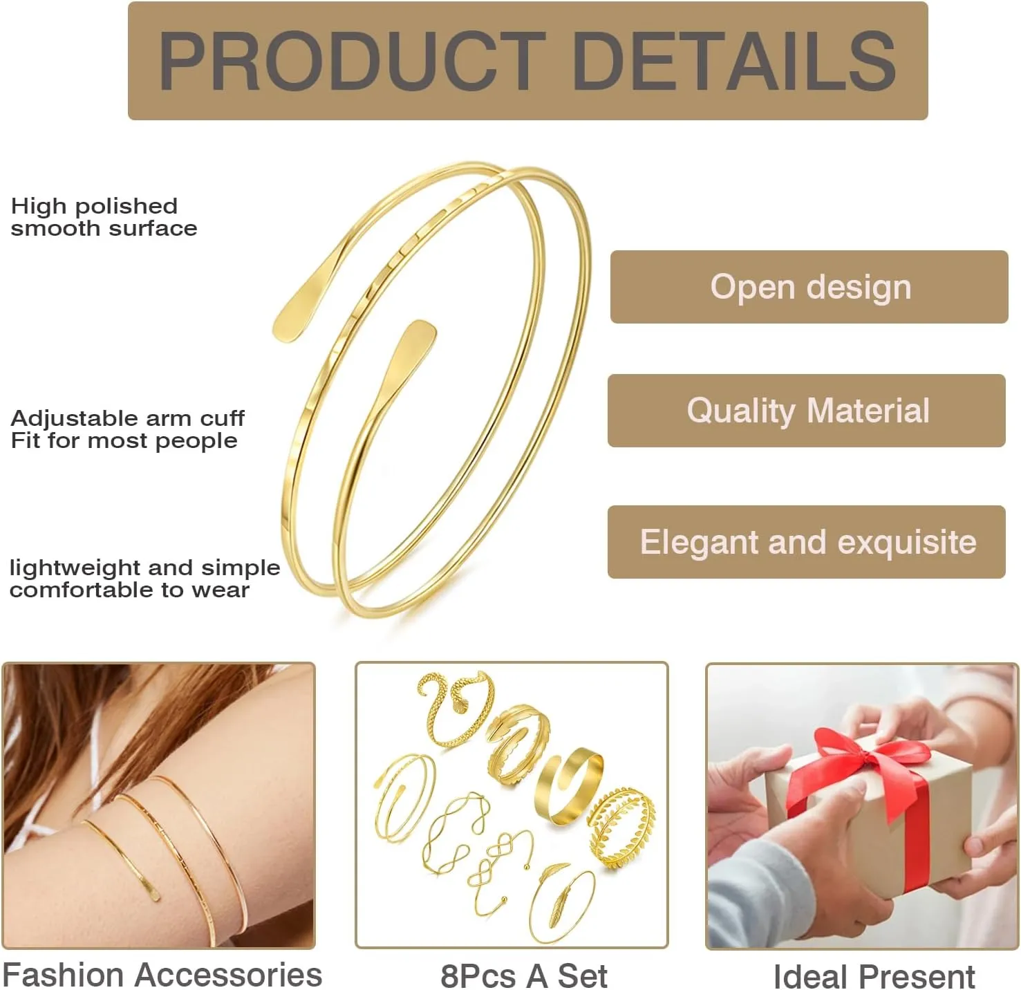 BOMAIL 8Pcs Arm Cuff Bracelets for Women Gold Upper Arm Cuff Band Set Adjustable Coil Swirl Armlet Armband Bangle Minimalist Upper Arm Cuff Bracelets Jewelry for Women