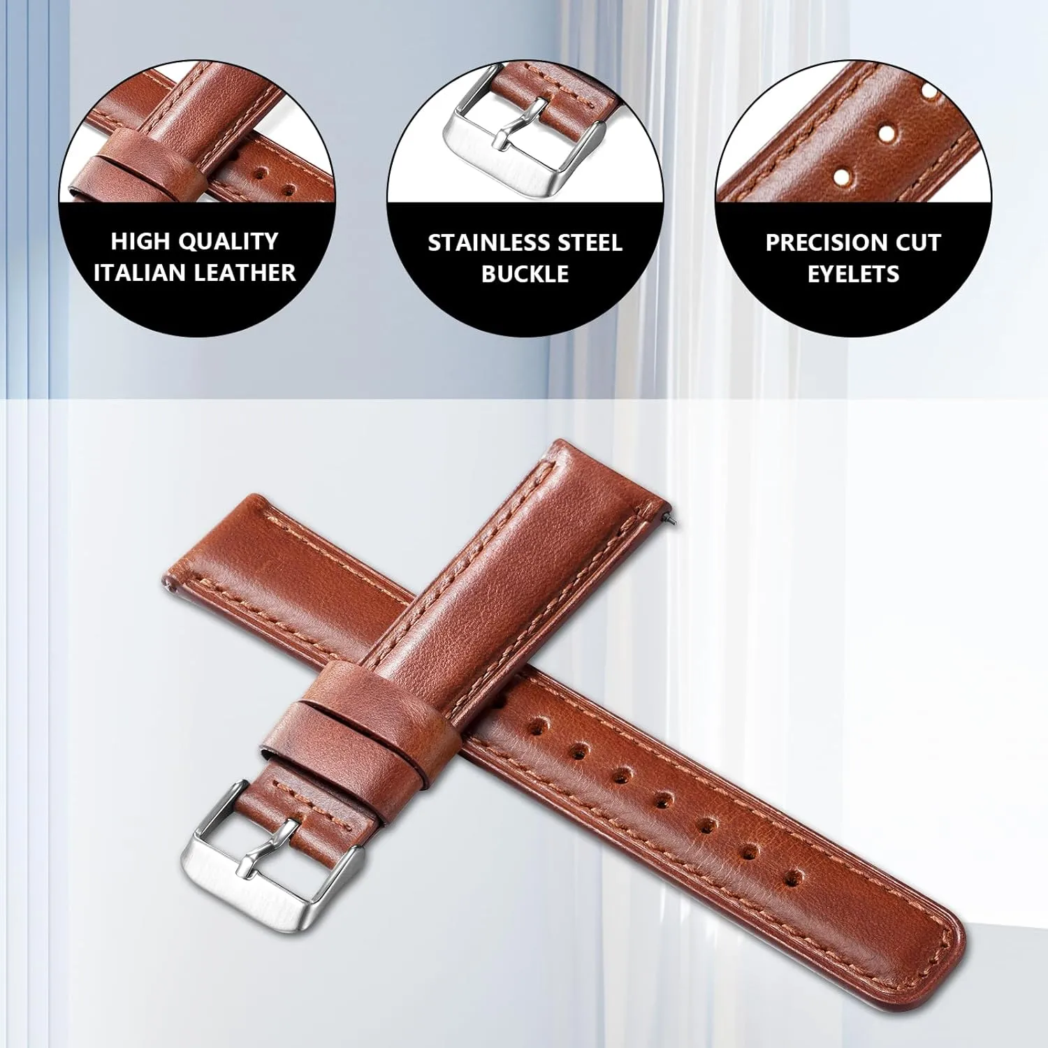 BOSHIYA Quick Release Leather Stainless Steel Watch Strap 18mm, 20mm, 22mm Watch Band for Men Women, Fits Samsung Galaxy Watch 6/5/4/3,G-armin Watch,Huawei Watch,Brown/Dark Brown/Black