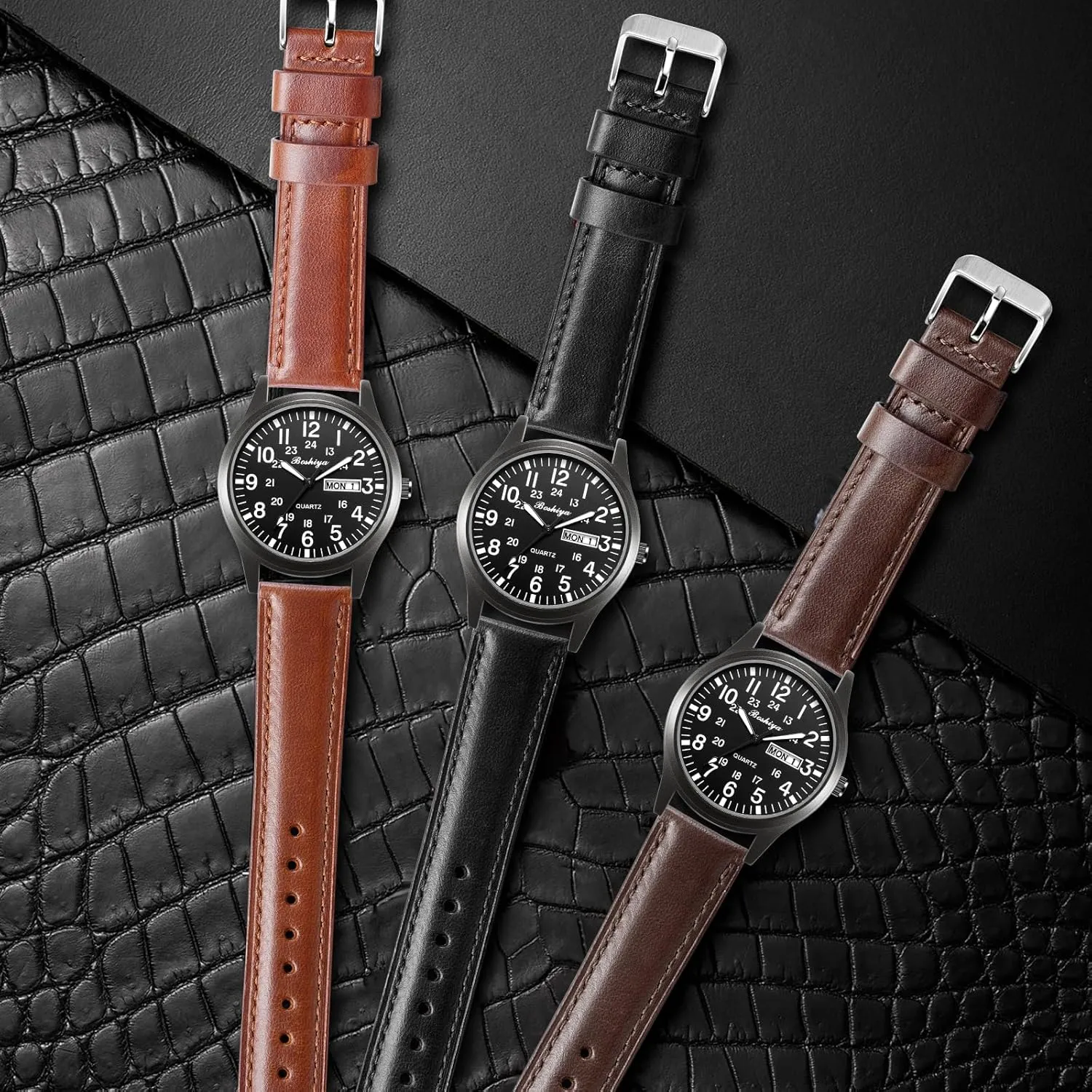 BOSHIYA Quick Release Leather Stainless Steel Watch Strap 18mm, 20mm, 22mm Watch Band for Men Women, Fits Samsung Galaxy Watch 6/5/4/3,G-armin Watch,Huawei Watch,Brown/Dark Brown/Black