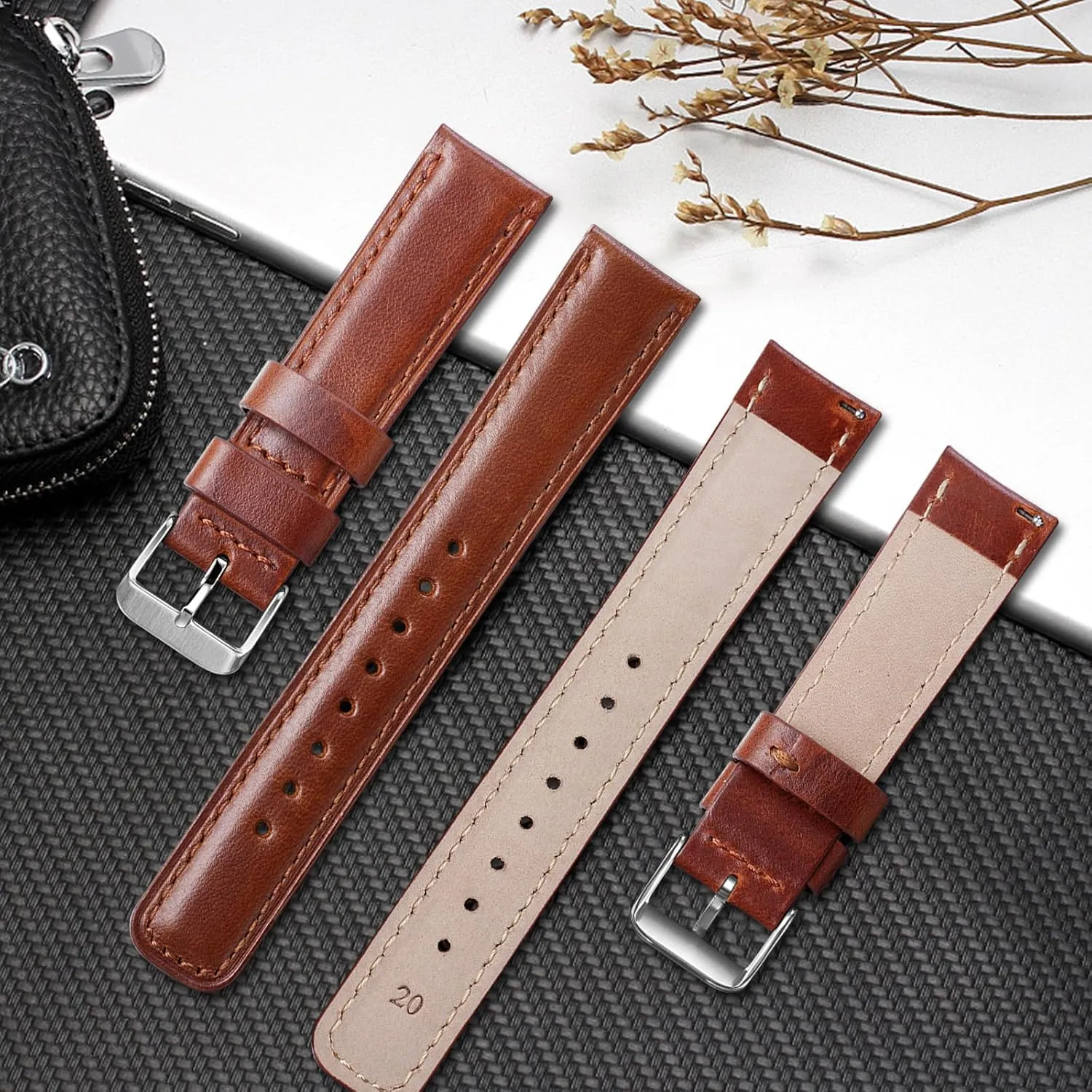 BOSHIYA Quick Release Leather Stainless Steel Watch Strap 18mm, 20mm, 22mm Watch Band for Men Women, Fits Samsung Galaxy Watch 6/5/4/3,G-armin Watch,Huawei Watch,Brown/Dark Brown/Black