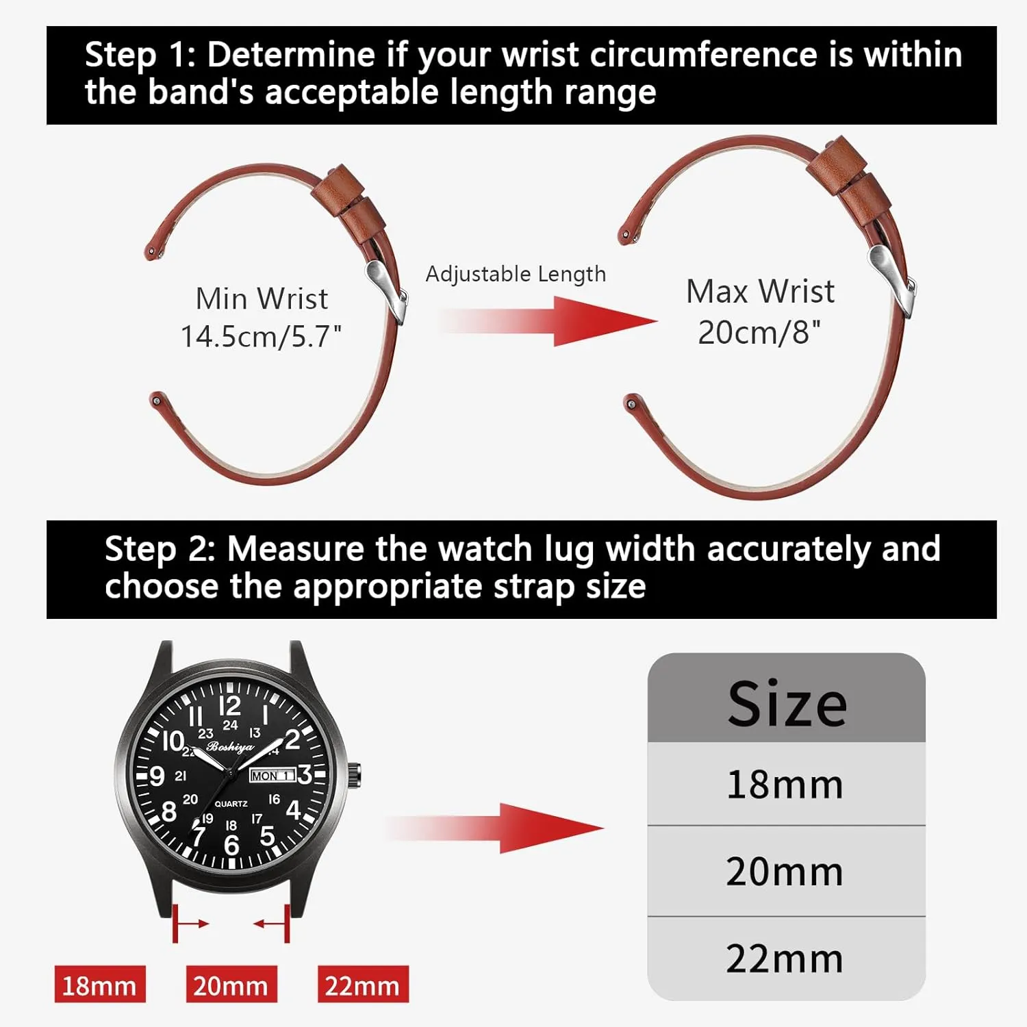BOSHIYA Quick Release Leather Stainless Steel Watch Strap 18mm, 20mm, 22mm Watch Band for Men Women, Fits Samsung Galaxy Watch 6/5/4/3,G-armin Watch,Huawei Watch,Brown/Dark Brown/Black