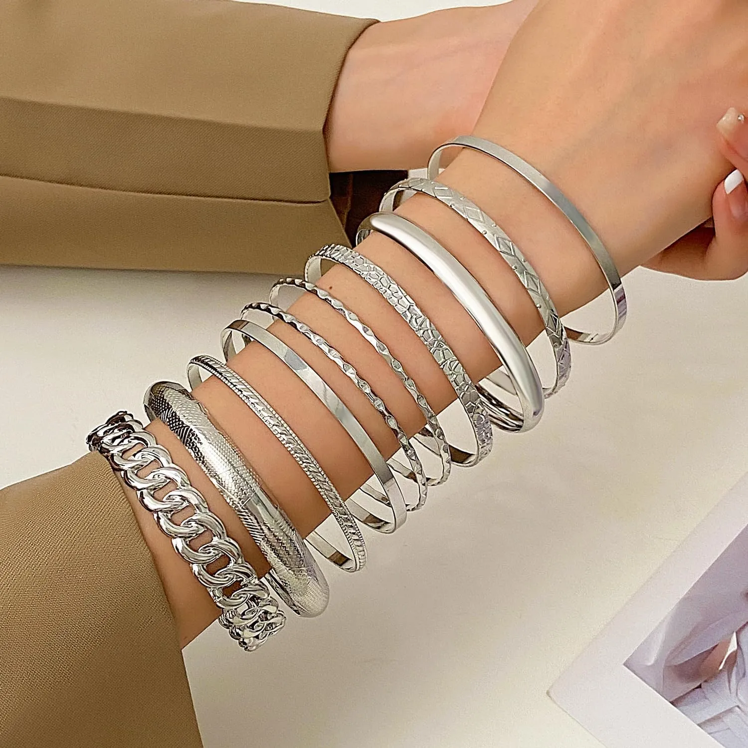 Bracelet For Women Gold Silver Tone Cuff Bracelets, Set of 10, Stackable Bangle Bracelets Set