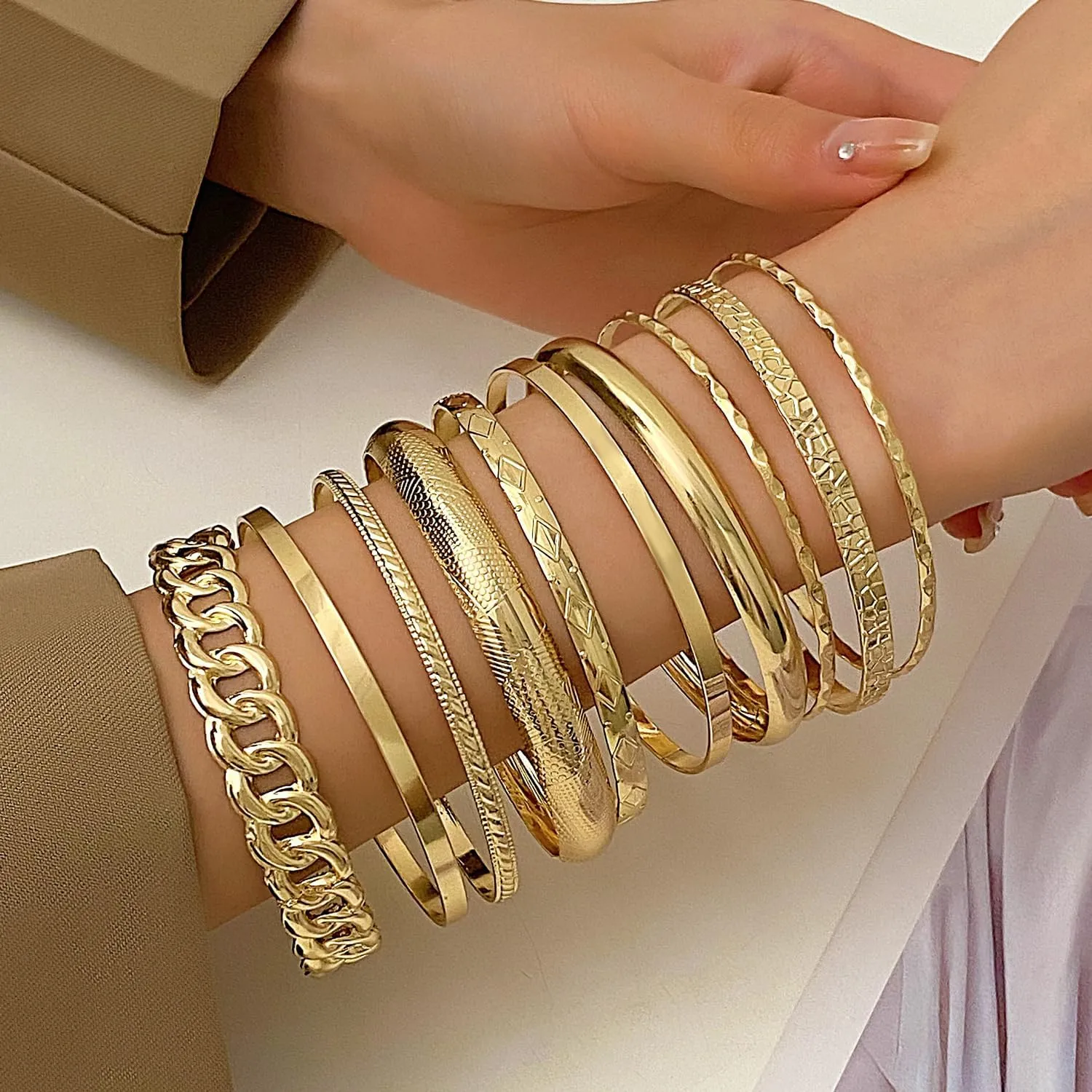 Bracelet For Women Gold Silver Tone Cuff Bracelets, Set of 10, Stackable Bangle Bracelets Set