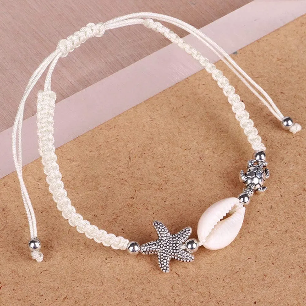 Braided Bracelet Gift, Handmade Friendship Bracelet Bohemian Starfish Seashell Turtle Charm Woven Rope Retro Delicate Jewelry Bracelets Adjustable Lucky Ankle Bracelet