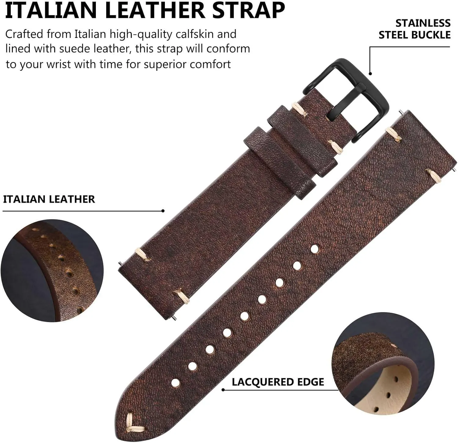 BSIONSTRAP Antique Watch Bands for Men, Italian Leather, Quick Release Watch Straps, Compatible with Watch Lug Width 18mm 20mm 22mm