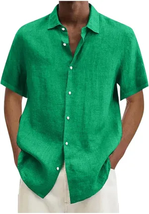Button Down Shirt Men Casual Short Sleeve Summer Beach Shirts Plus Size Loose Lightweight Linen Shirts
