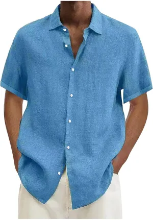 Button Down Shirt Men Casual Short Sleeve Summer Beach Shirts Plus Size Loose Lightweight Linen Shirts