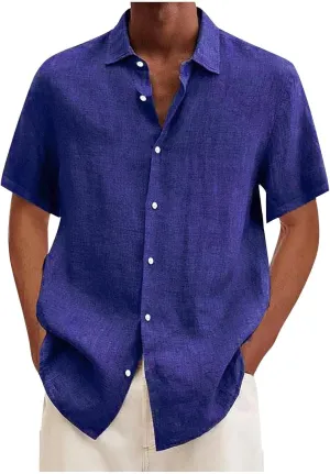 Button Down Shirt Men Casual Short Sleeve Summer Beach Shirts Plus Size Loose Lightweight Linen Shirts