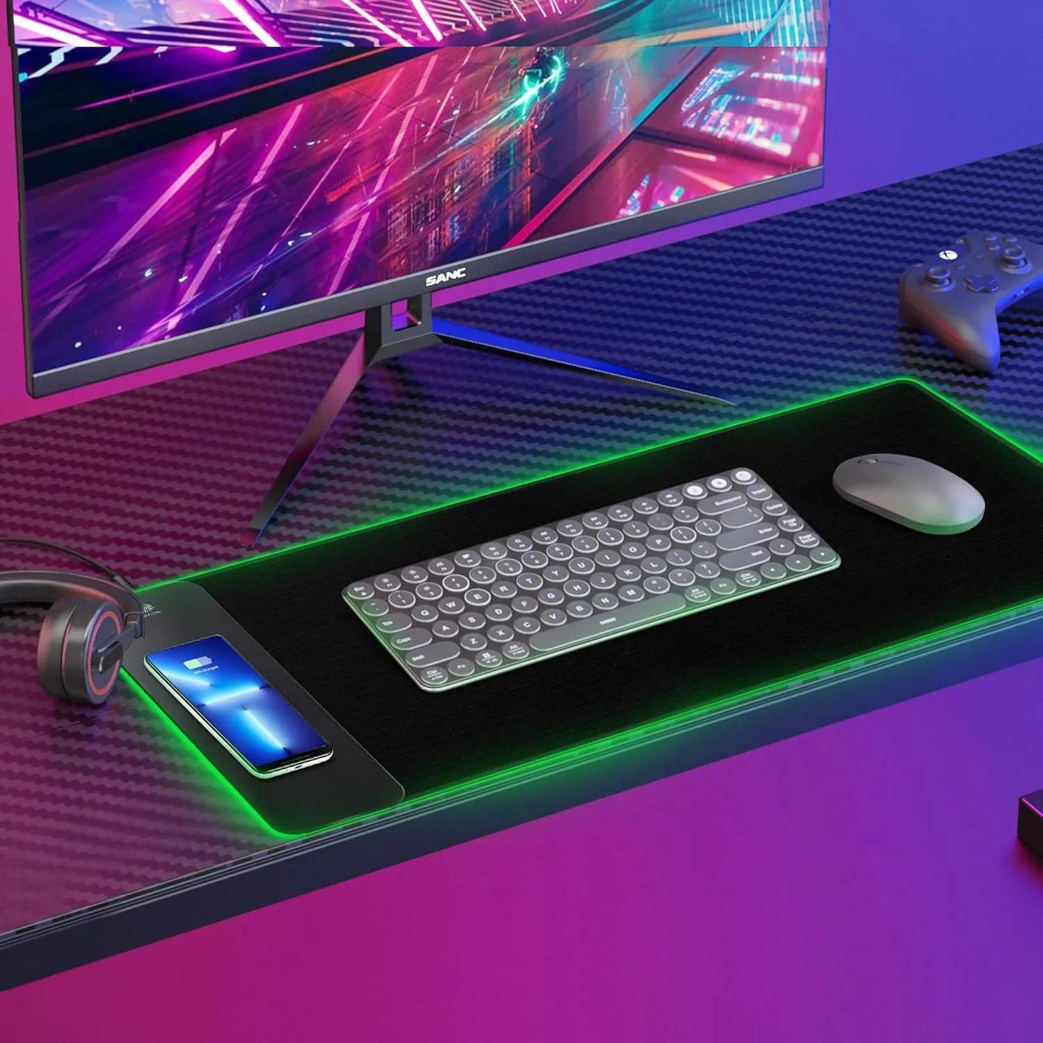 Cacoy RGB Gaming Mouse Pad, 15W Wireless Charging Large Keyboard Mouse Mat for Desk, 9 LED Lights Modes, Non-Slip Rubber Base Computer Desk Pad for Home Office Decor, 31.5"x11.8"x0.15" (Black)