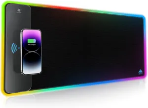 Cacoy RGB Gaming Mouse Pad, 15W Wireless Charging Large Keyboard Mouse Mat for Desk, 9 LED Lights Modes, Non-Slip Rubber Base Computer Desk Pad for Home Office Decor, 31.5"x11.8"x0.15" (Black)