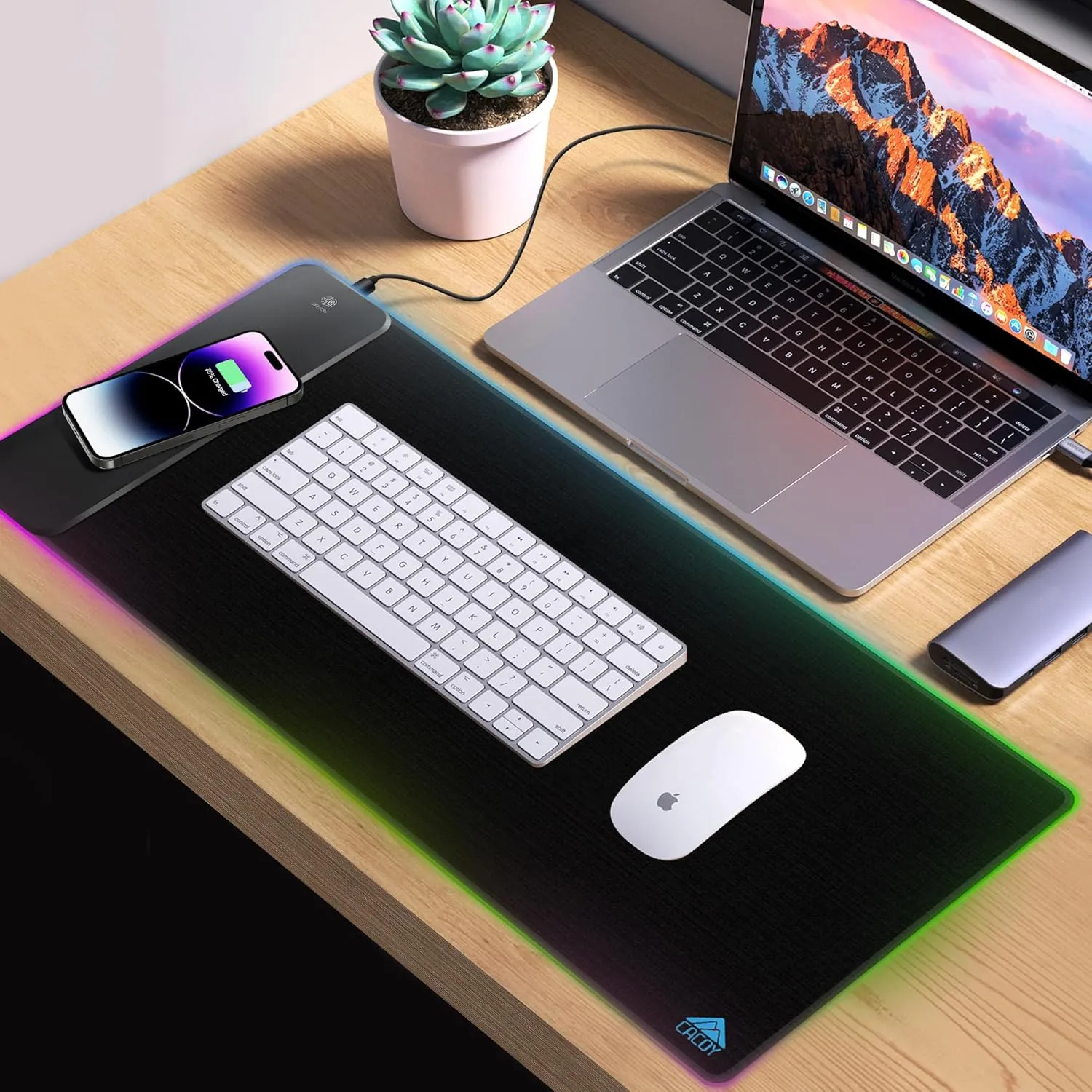 Cacoy RGB Gaming Mouse Pad, 15W Wireless Charging Large Keyboard Mouse Mat for Desk, 9 LED Lights Modes, Non-Slip Rubber Base Computer Desk Pad for Home Office Decor, 31.5"x11.8"x0.15" (Black)