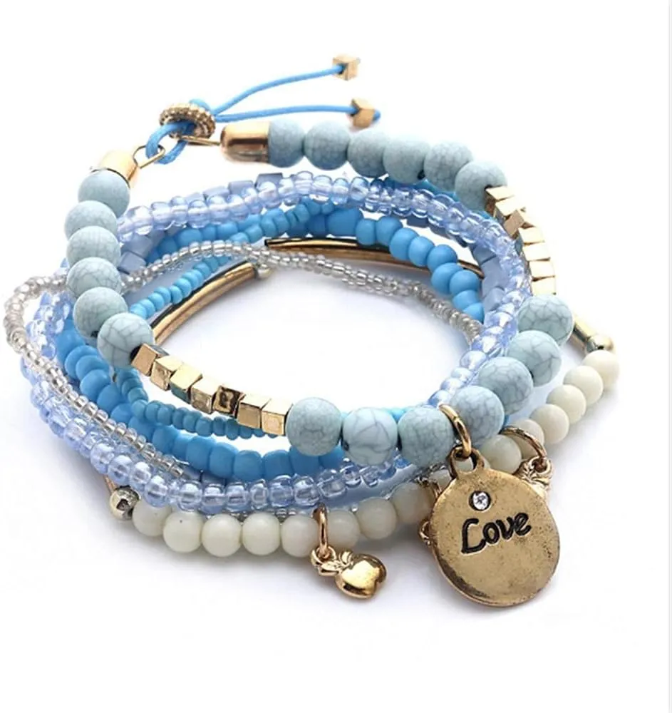 Caiyao Boho Stackable Bead Bracelets Bohemian Multilayer Stretch Bracelets Multicolor Love Pendant Bangles Bracelet Stretch Bangles Multilayer Stacking Bracelet Fashion Jewelry
