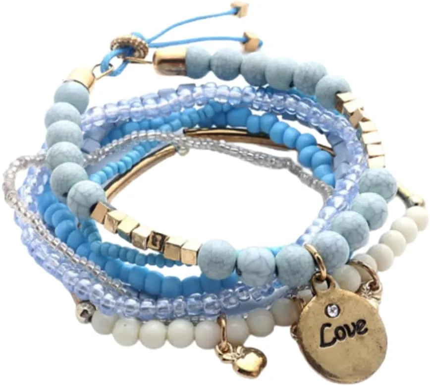 Caiyao Boho Stackable Bead Bracelets Bohemian Multilayer Stretch Bracelets Multicolor Love Pendant Bangles Bracelet Stretch Bangles Multilayer Stacking Bracelet Fashion Jewelry