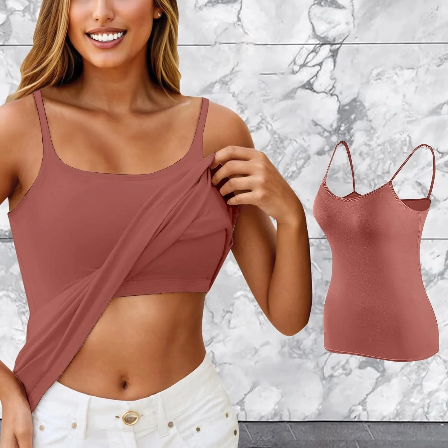 Camisole Tank Top with Built in Bra for Women V Neck Sleeveless Summer Workout Going Out Double Lined Shelf Cami Shirt