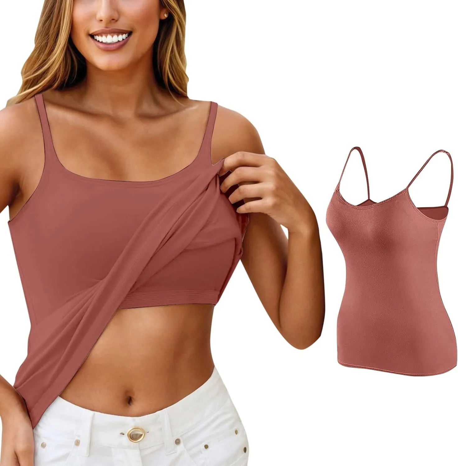 Camisole Tank Top with Built in Bra for Women V Neck Sleeveless Summer Workout Going Out Double Lined Shelf Cami Shirt