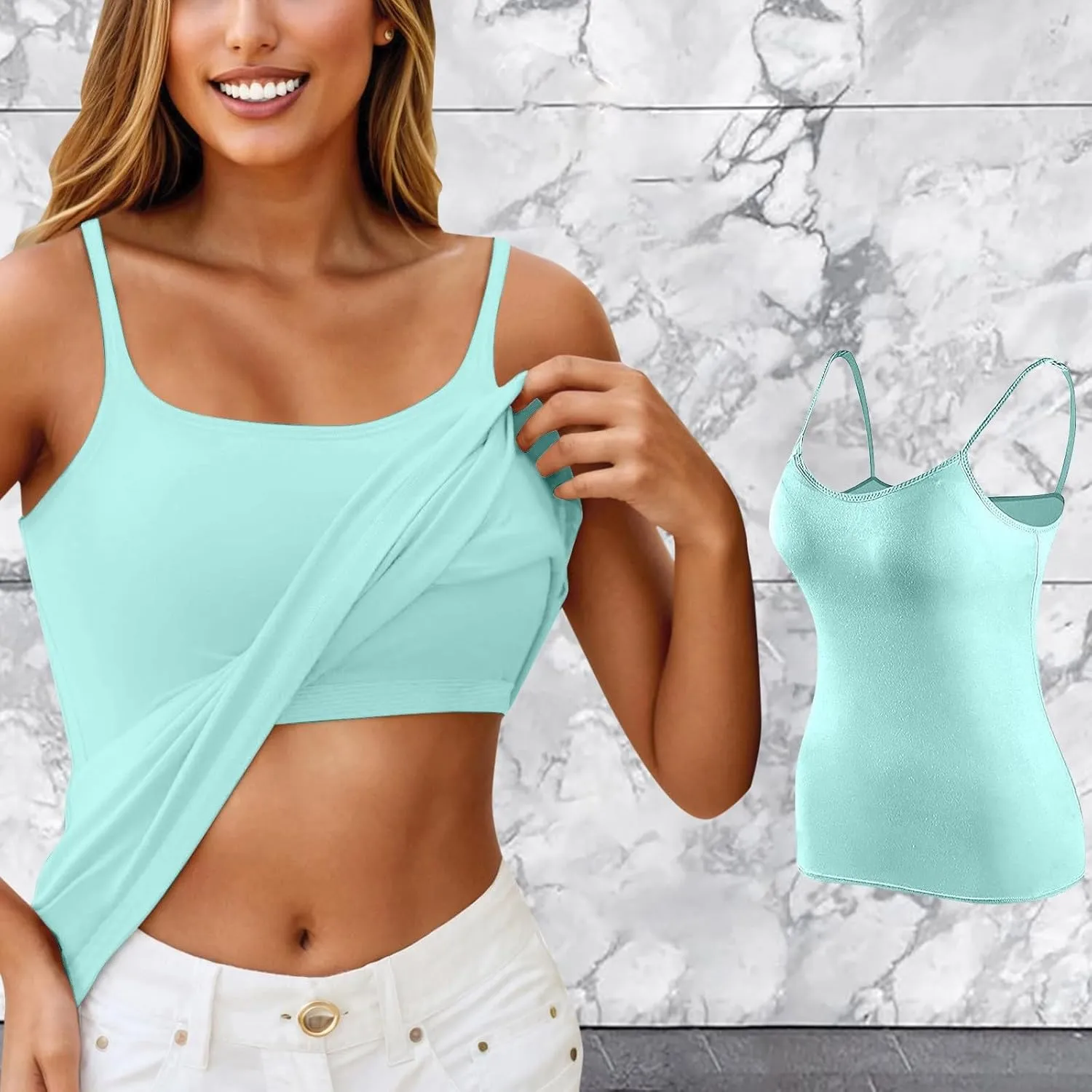 Camisole Tank Top with Built in Bra for Women V Neck Sleeveless Summer Workout Going Out Double Lined Shelf Cami Shirt
