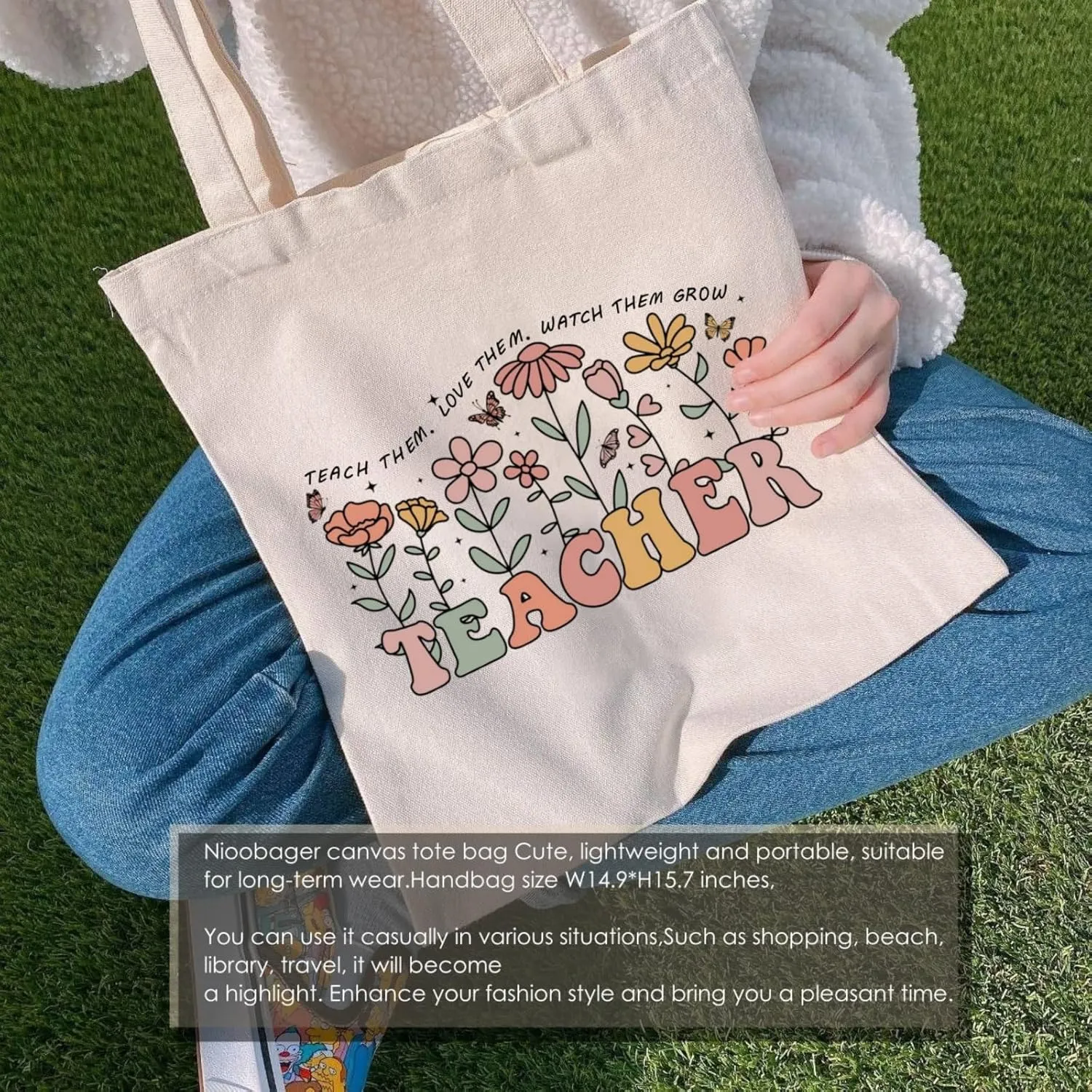 Canvas Tote Bags Teacher Appreciation Gifts Aesthetic Travel Beach Bag Cute Reusable Grocery Shopping Bag
