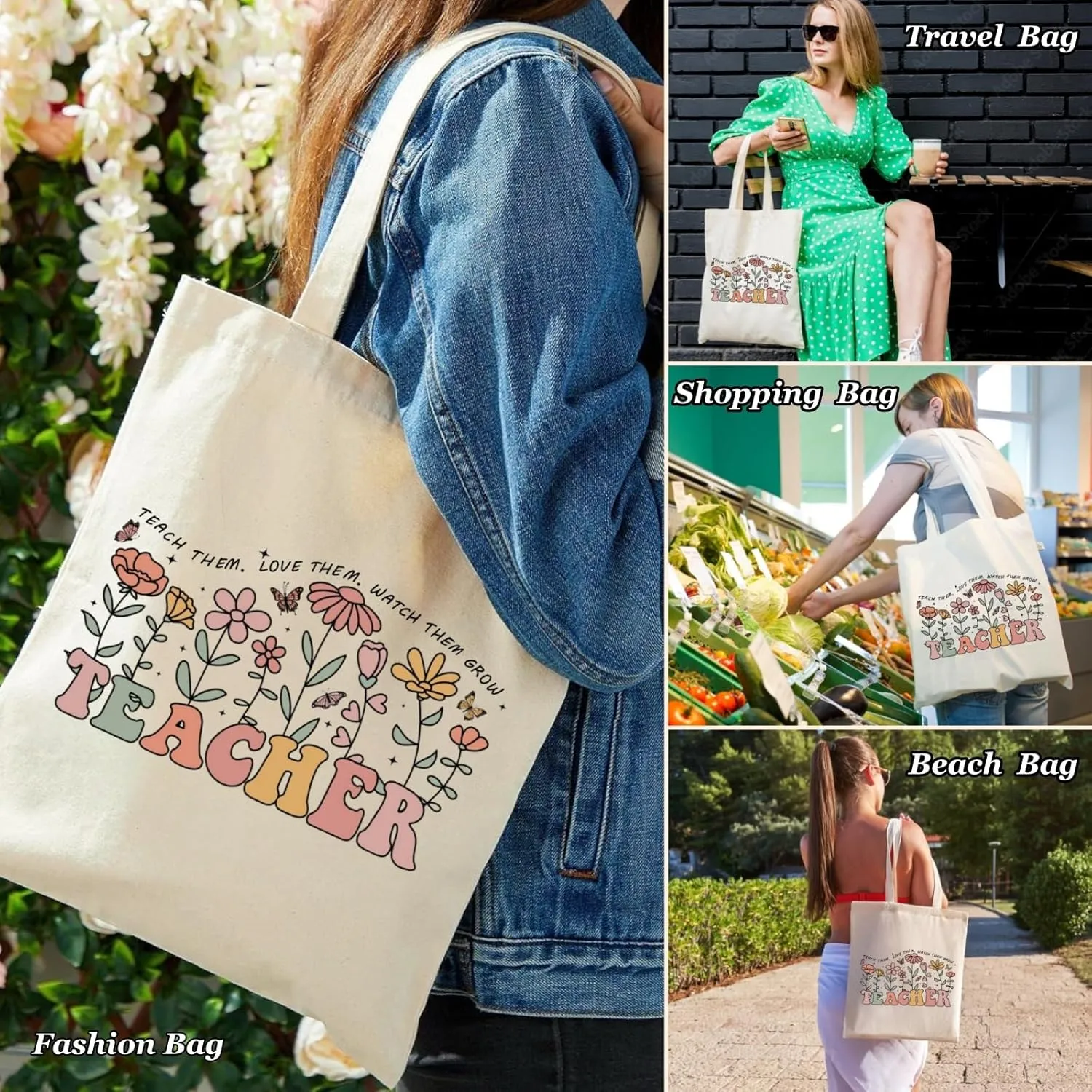 Canvas Tote Bags Teacher Appreciation Gifts Aesthetic Travel Beach Bag Cute Reusable Grocery Shopping Bag