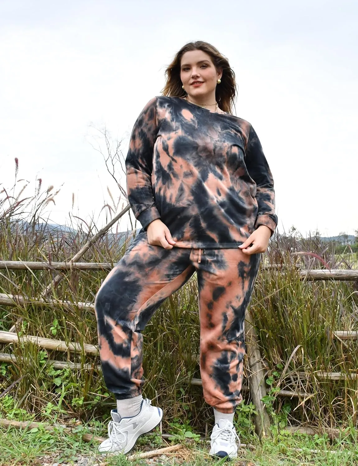 CARCOS Plus Size 2 Piece Outfits for Women Tie Dye Fall Sets for Womens Winter Lounge Set Track Suits Jogger Sets XL-5XL