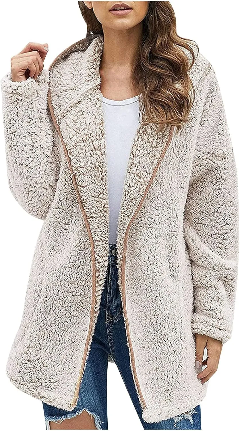 Cardigan for Women Winter Fashion Plus Size Long Fleece Jacket Casual Long Sleeve Open Front Coat Fuzzy Outerwear