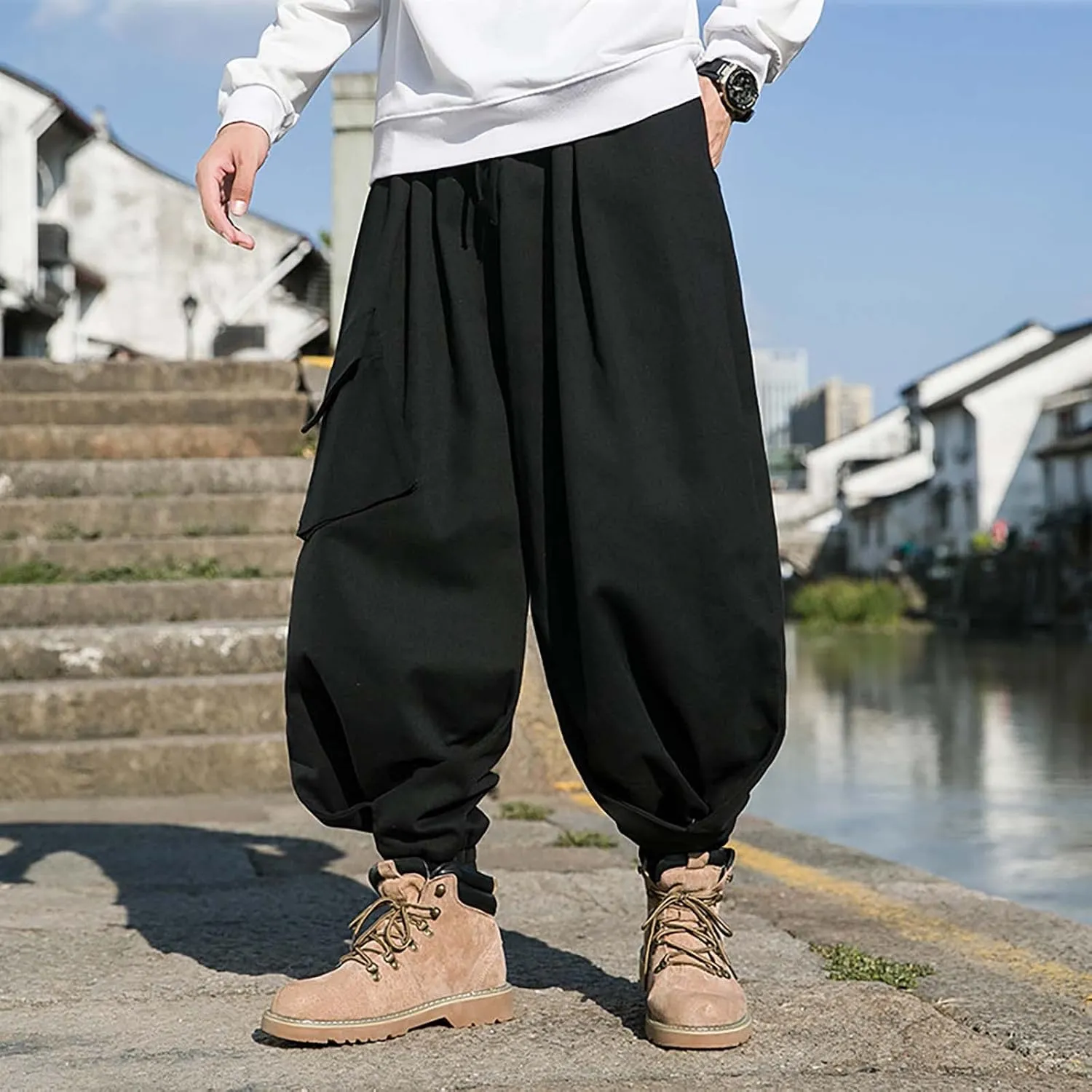 Cargo Sweatpants for Men Mens Lounge Pants Zipper Fly Sweatpants for Men Lightweight Loose Fit Open Bottom Sweatpants