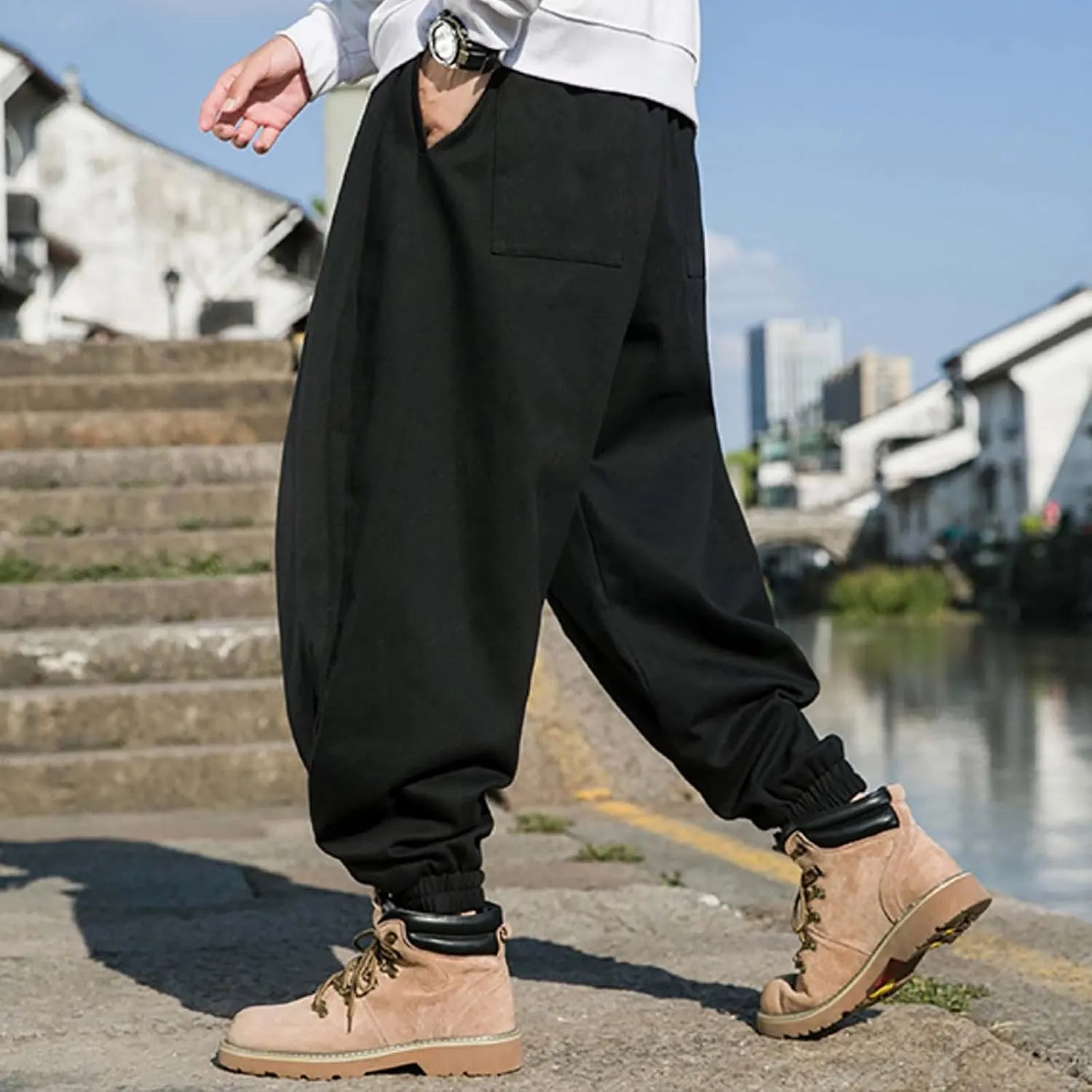 Cargo Sweatpants for Men Mens Lounge Pants Zipper Fly Sweatpants for Men Lightweight Loose Fit Open Bottom Sweatpants