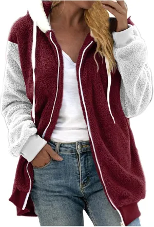 Cashmere Coats For Women,Oversized Sherpa Hoodies Woman Jackets For Women Winter Fuzzy Fleece Jacket Hooded Color Block Patchwork Cardigan Coats Outerwear With Pockets Reds4Xl