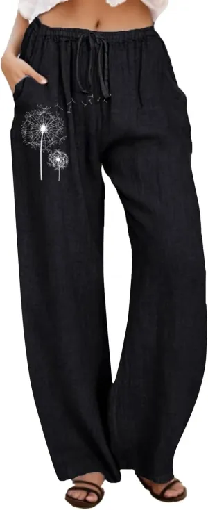 Casual Pants Women Summer Wide Leg Pants Drawstring Elastic Waist Pants High Waisted Lounge Pants Beach Trousers