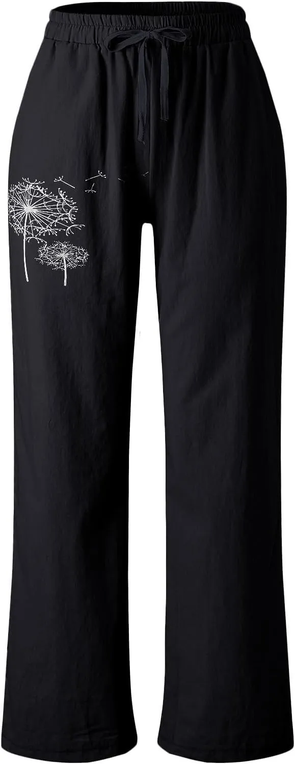 Casual Pants Women Summer Wide Leg Pants Drawstring Elastic Waist Pants High Waisted Lounge Pants Beach Trousers