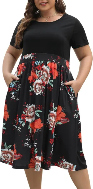 Celkuser Plus Size Short Sleeve Boho Midi Dress Casual Floral Dress with Pockets Elastic Waist for Curvy Women