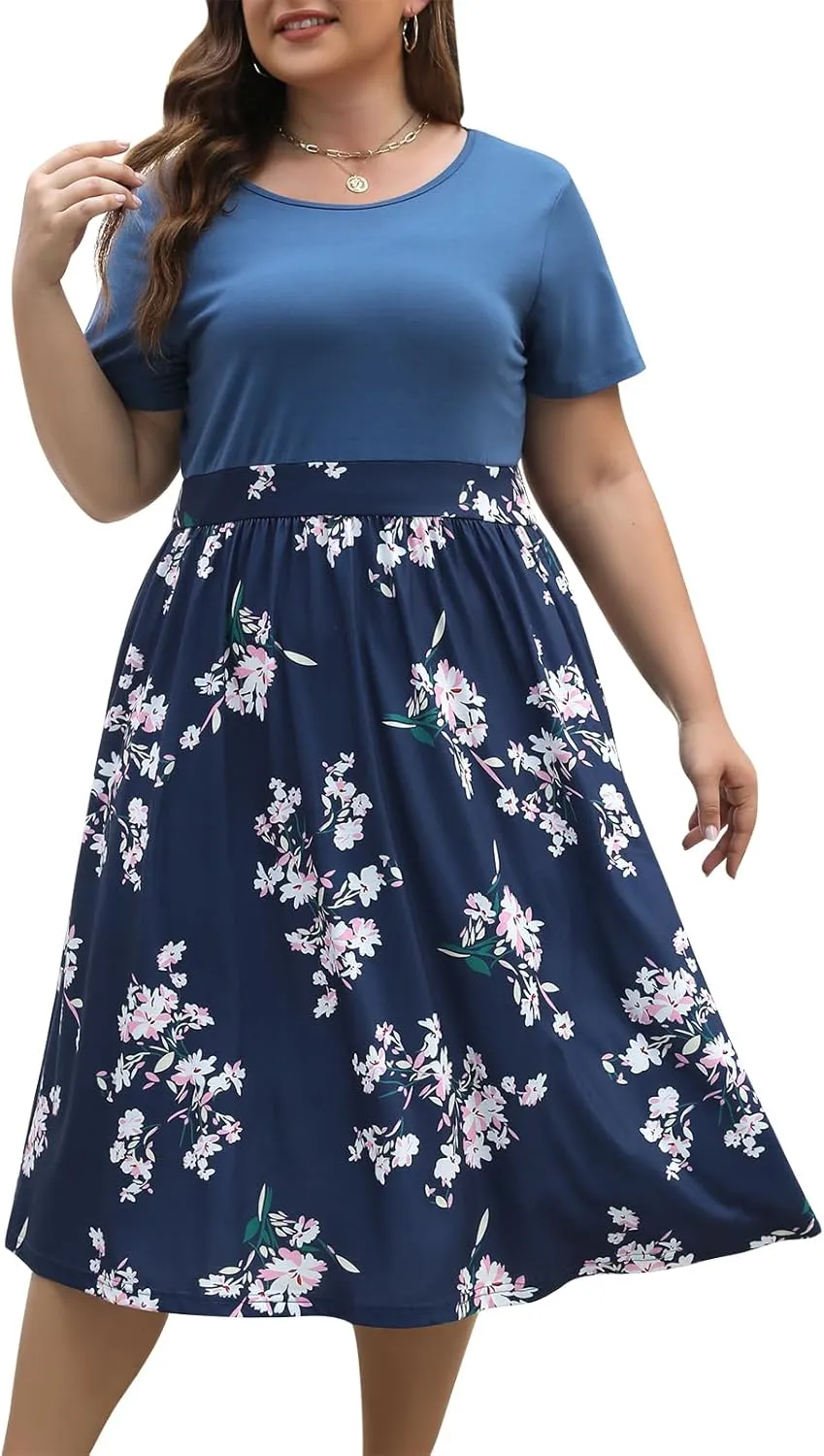 Celkuser Plus Size Short Sleeve Boho Midi Dress Casual Floral Dress with Pockets Elastic Waist for Curvy Women
