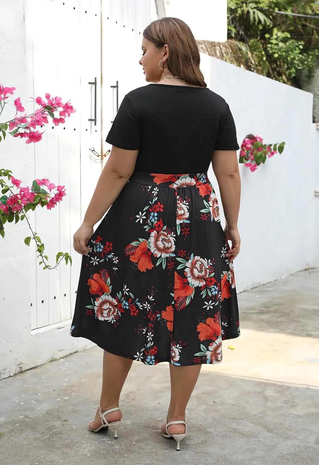 Celkuser Plus Size Short Sleeve Boho Midi Dress Casual Floral Dress with Pockets Elastic Waist for Curvy Women