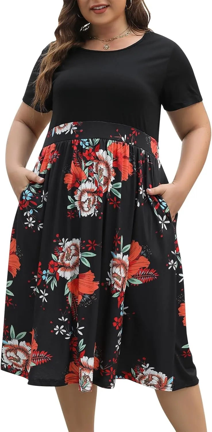 Celkuser Plus Size Short Sleeve Boho Midi Dress Casual Floral Dress with Pockets Elastic Waist for Curvy Women