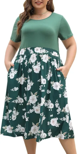 Celkuser Plus Size Short Sleeve Boho Midi Dress Casual Floral Dress with Pockets Elastic Waist for Curvy Women
