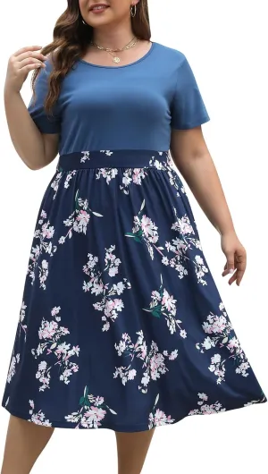 Celkuser Plus Size Short Sleeve Boho Midi Dress Casual Floral Dress with Pockets Elastic Waist for Curvy Women