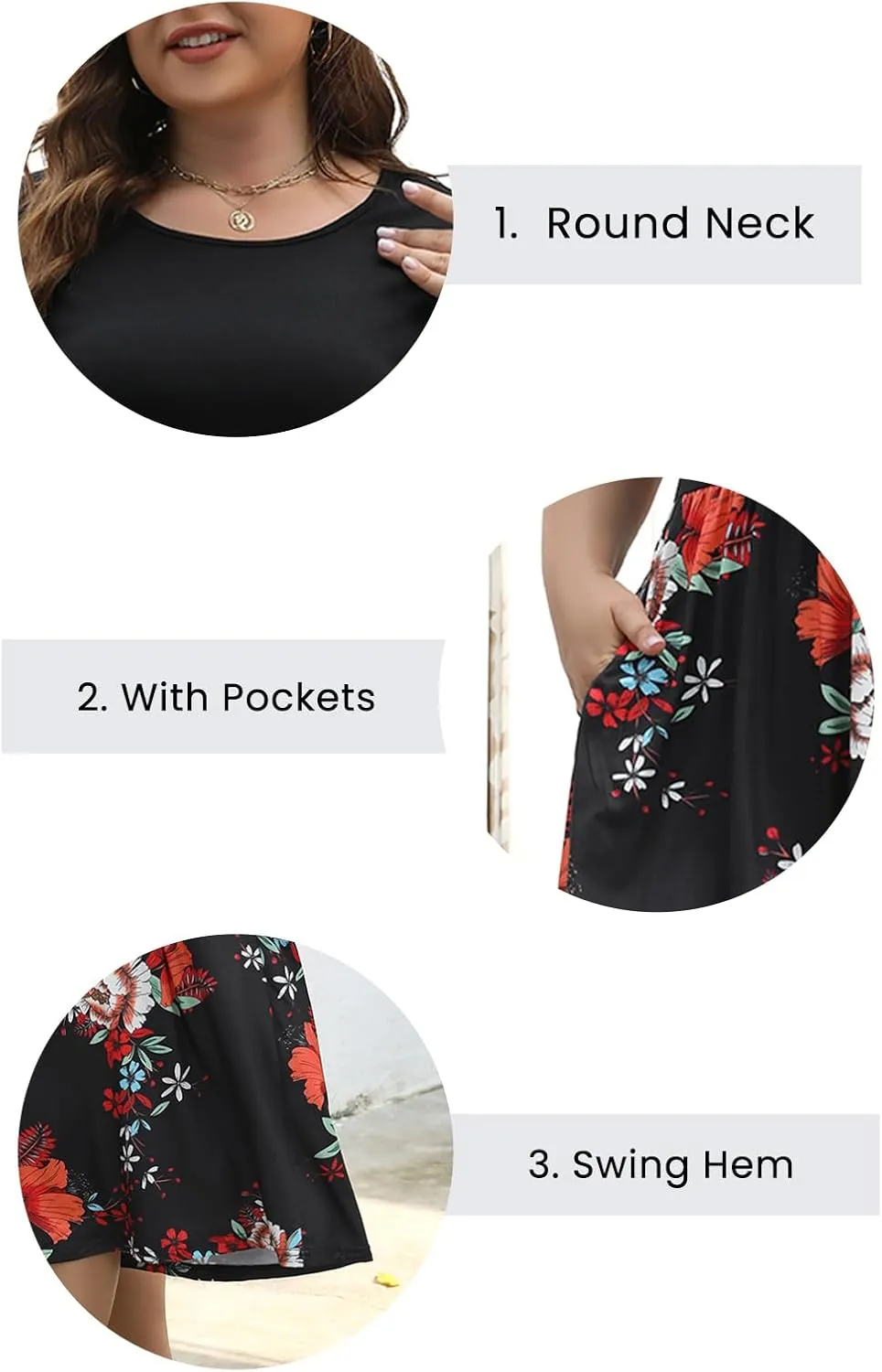 Celkuser Plus Size Short Sleeve Boho Midi Dress Casual Floral Dress with Pockets Elastic Waist for Curvy Women
