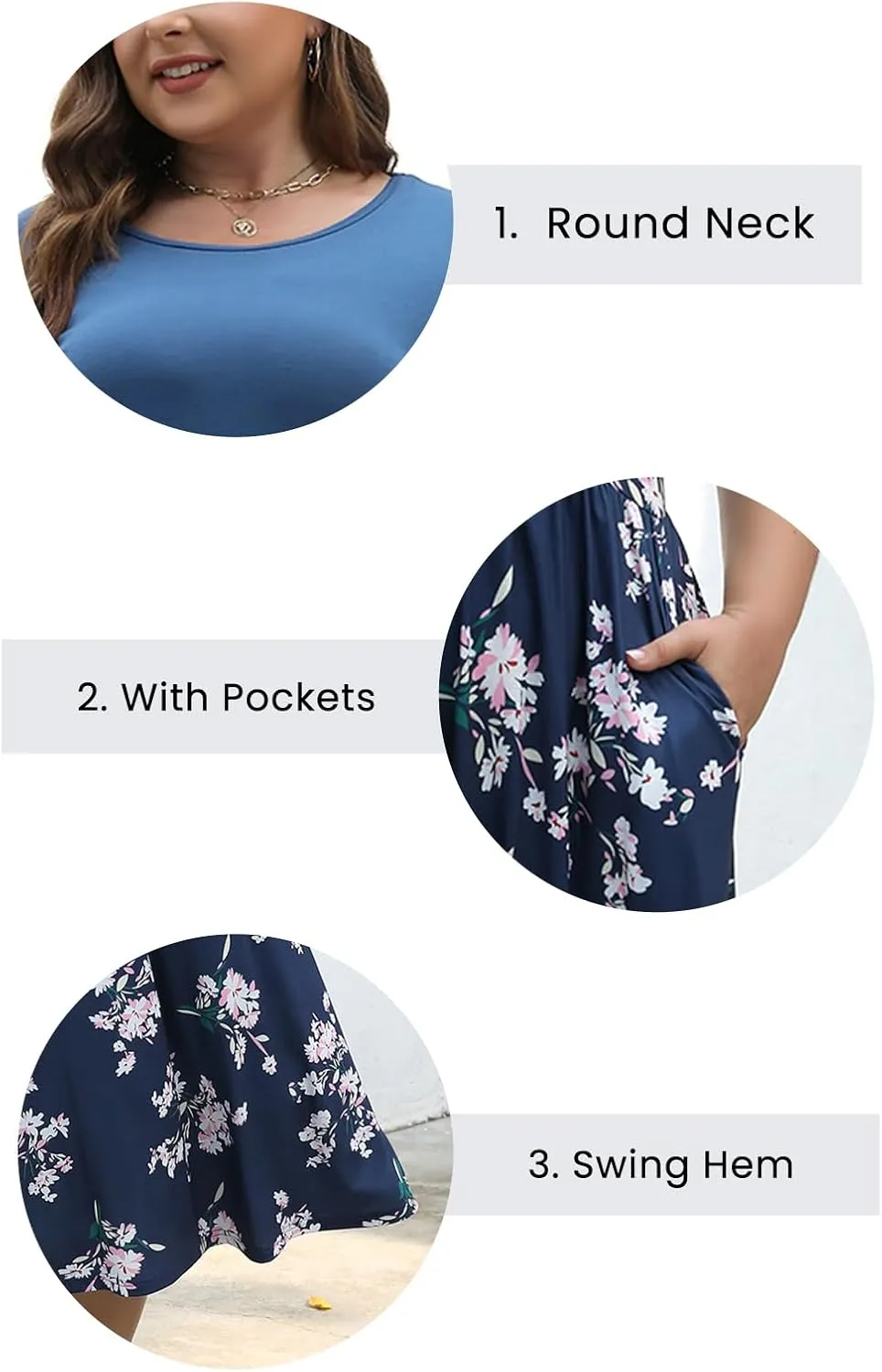 Celkuser Plus Size Short Sleeve Boho Midi Dress Casual Floral Dress with Pockets Elastic Waist for Curvy Women