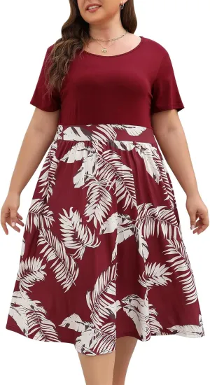 Celkuser Plus Size Short Sleeve Boho Midi Dress Casual Floral Dress with Pockets Elastic Waist for Curvy Women