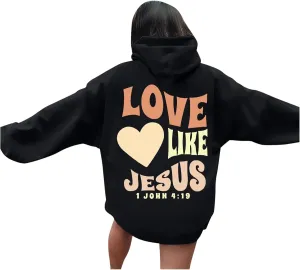 Christian Hoodies for Women Bible Verse Jesus Loves You Letter Graphic Oversized Long Sleeve Pockets Drawstring Sweatshirts