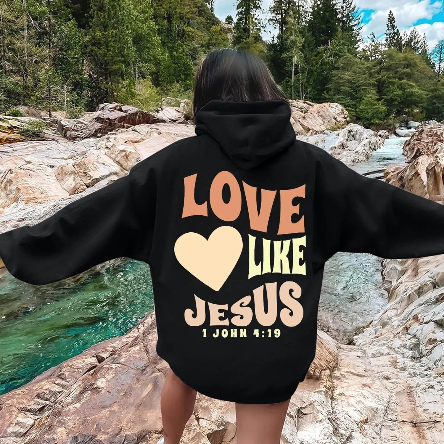 Christian Hoodies for Women Bible Verse Jesus Loves You Letter Graphic Oversized Long Sleeve Pockets Drawstring Sweatshirts