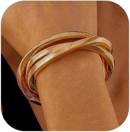 Chunky Gold Bangle Bracelets for Women Stackable Cuffs Snake Bracelets Wide Hammered Bangle Statement Jewelry