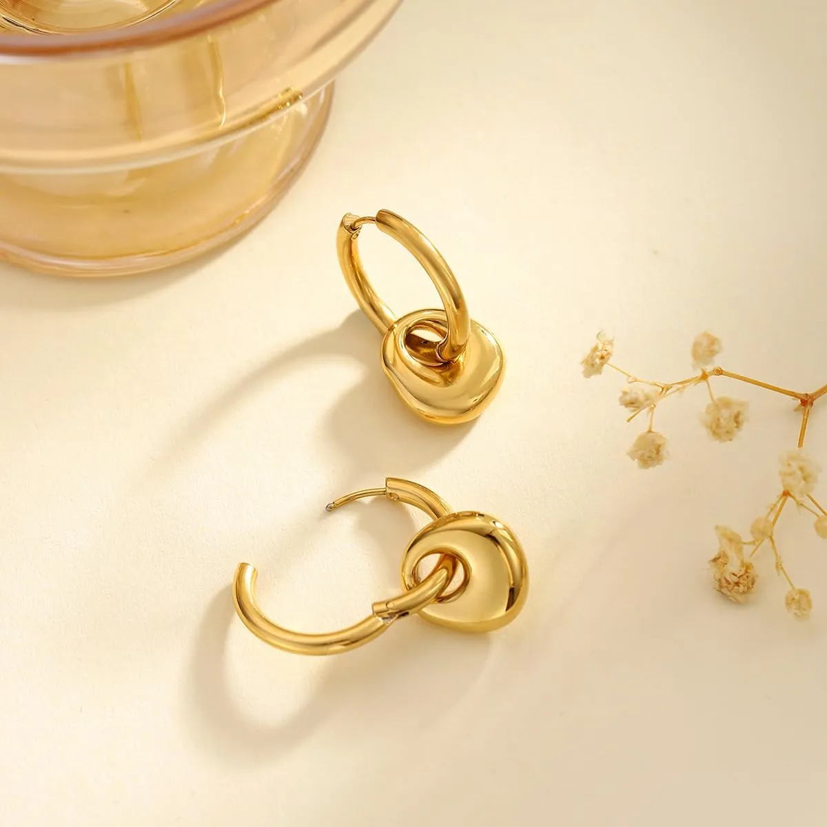 Chunky Gold Stud Earrings for Women 14K Gold Plated Posts Teardrop Statement Dangle Earrings Lightweight Hammered Drop Dangle Earrings for Women
