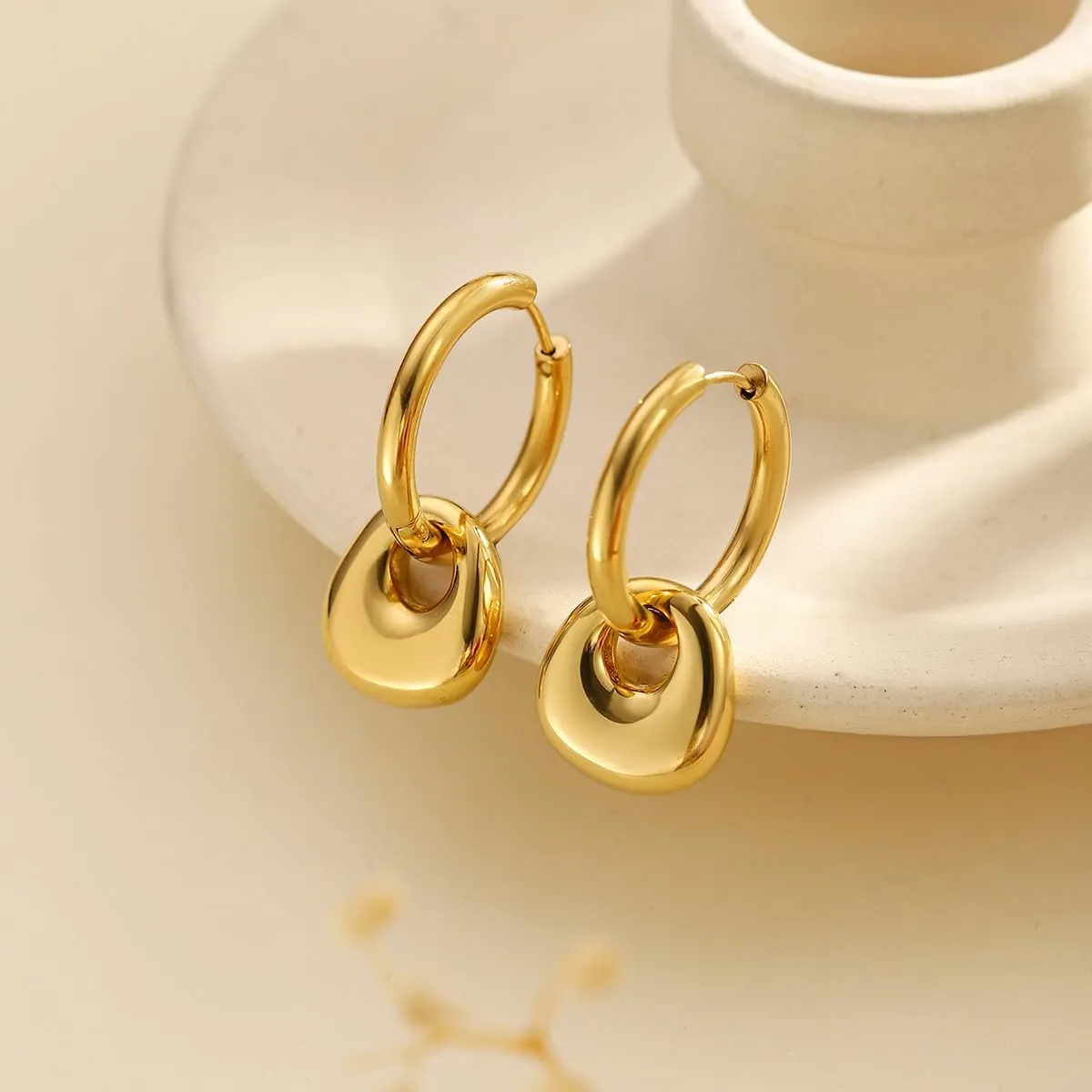 Chunky Gold Stud Earrings for Women 14K Gold Plated Posts Teardrop Statement Dangle Earrings Lightweight Hammered Drop Dangle Earrings for Women