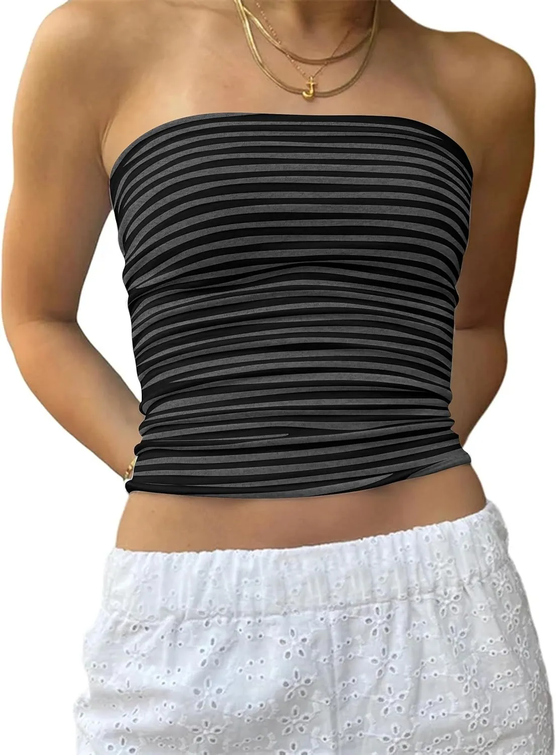 Cioatin Women Strapless Striped Bandeau Tube Tops Y2K Aesthetic Sleeveless Backless Crop Tank Going Out Summer Girls