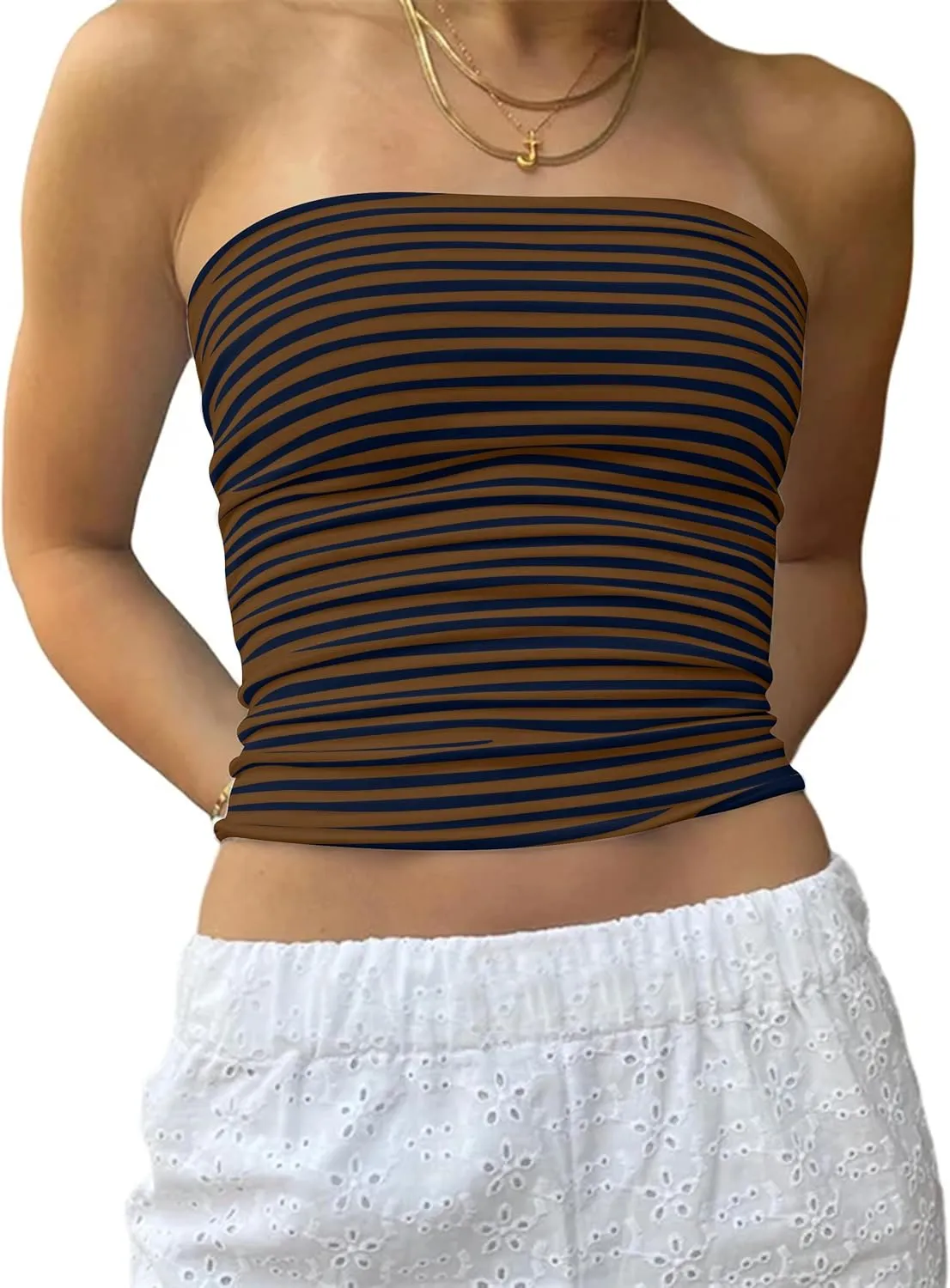 Cioatin Women Strapless Striped Bandeau Tube Tops Y2K Aesthetic Sleeveless Backless Crop Tank Going Out Summer Girls