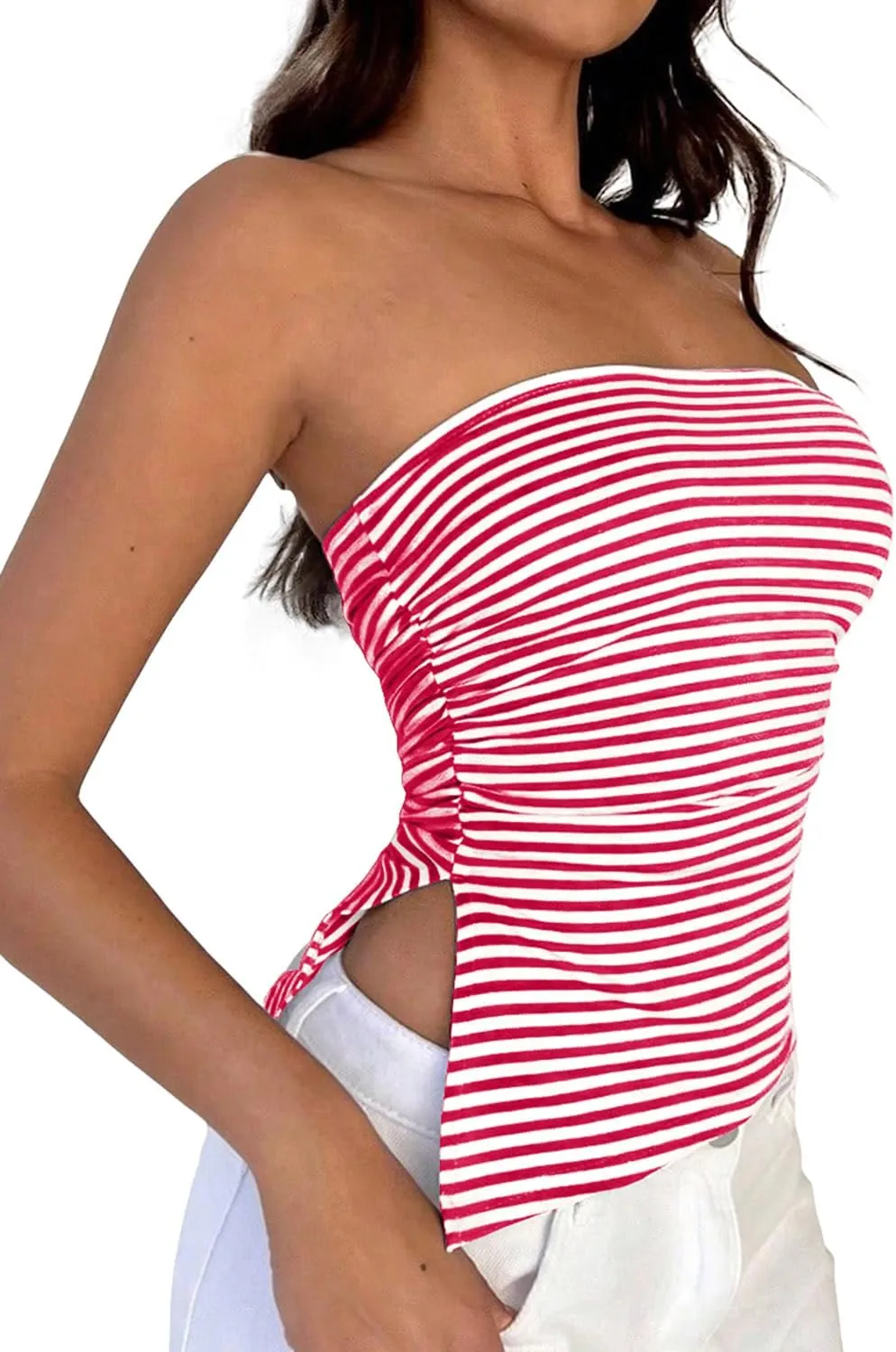 Cioatin Women Y2K Strapless Striped Asymmetric Bandeau Tube Top Sleeveless Slim Fit Slit Summer Going Out Crop Tank Aesthetic
