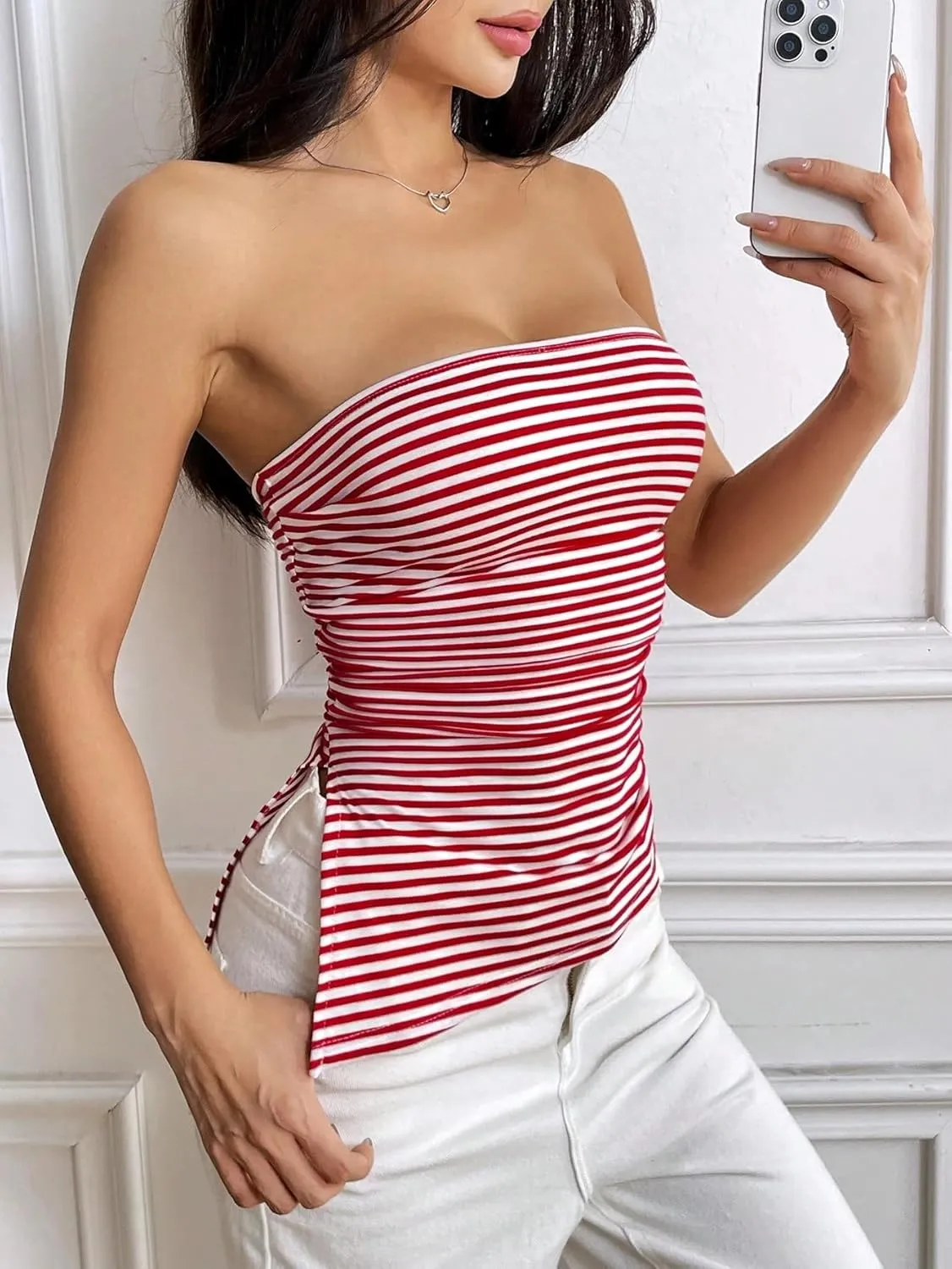 Cioatin Women Y2K Strapless Striped Asymmetric Bandeau Tube Top Sleeveless Slim Fit Slit Summer Going Out Crop Tank Aesthetic