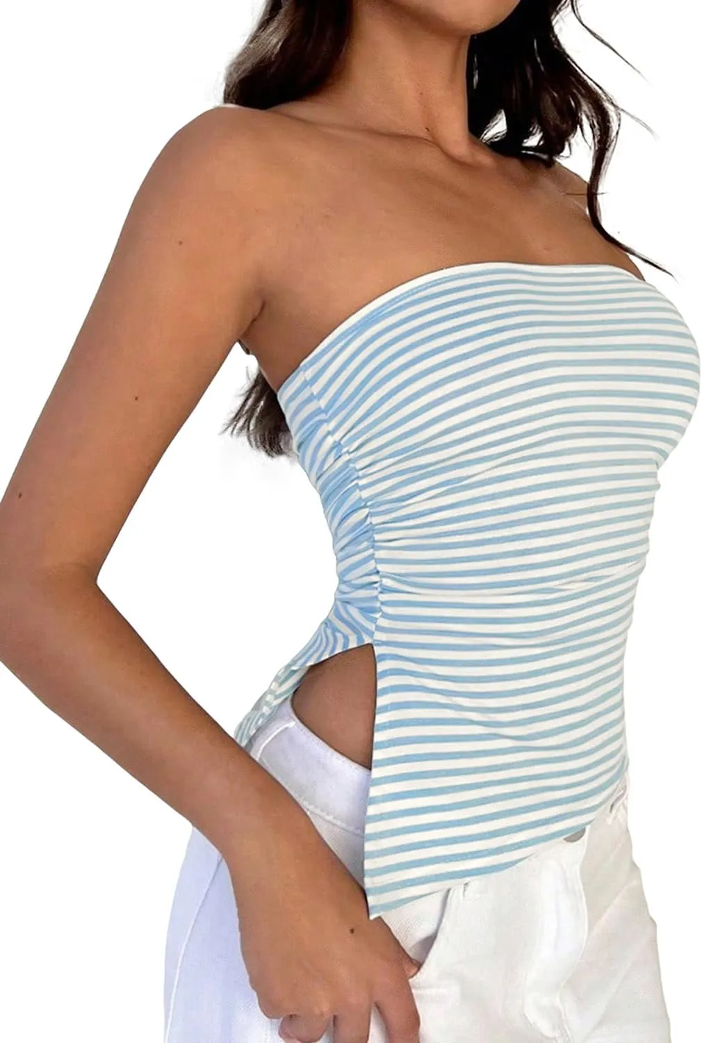 Cioatin Women Y2K Strapless Striped Asymmetric Bandeau Tube Top Sleeveless Slim Fit Slit Summer Going Out Crop Tank Aesthetic